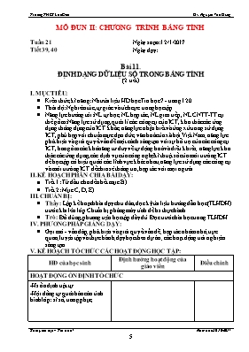 Kế hoạch dạy học Tin học 7 - Tiết 39+40, Bài 11 Định dạng dữ liệu số trong bảng tính (2 tiết) - Năm học 2016-2017 - Nguyễn Văn Dũng